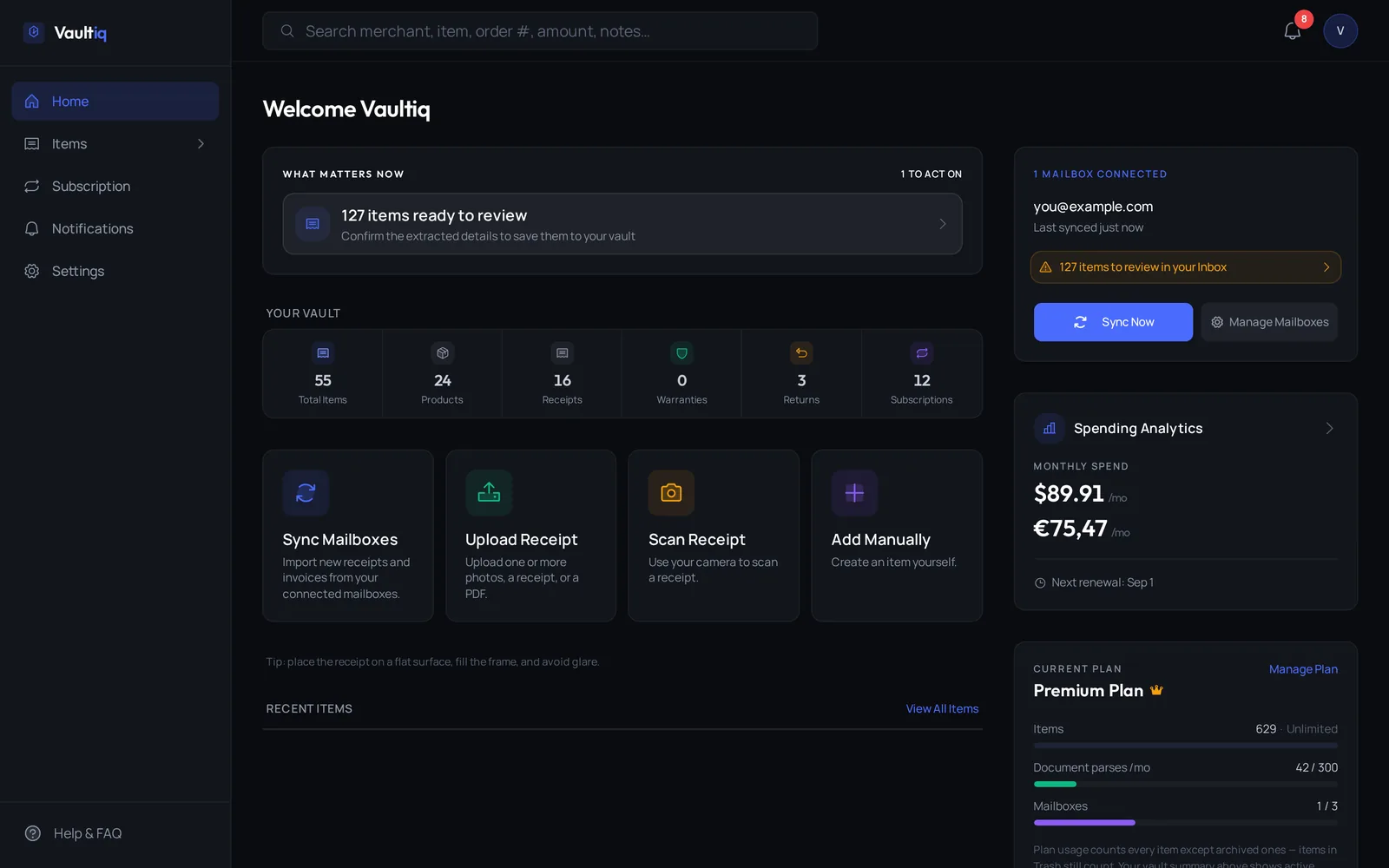 Vaultiq dashboard: what needs attention now, vault totals for products, receipts, warranties, returns and subscriptions, and the ways to add a purchase